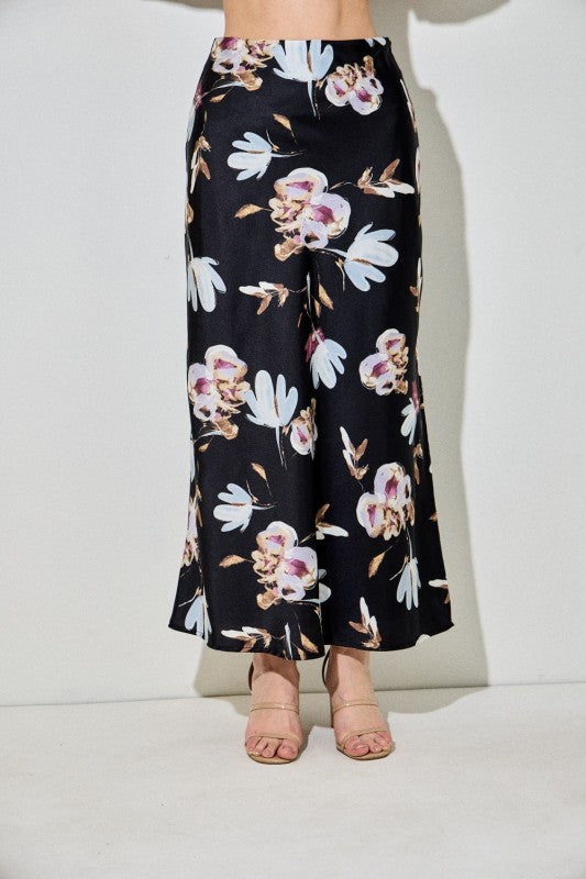 High Waist Floral Midi Skirt Black