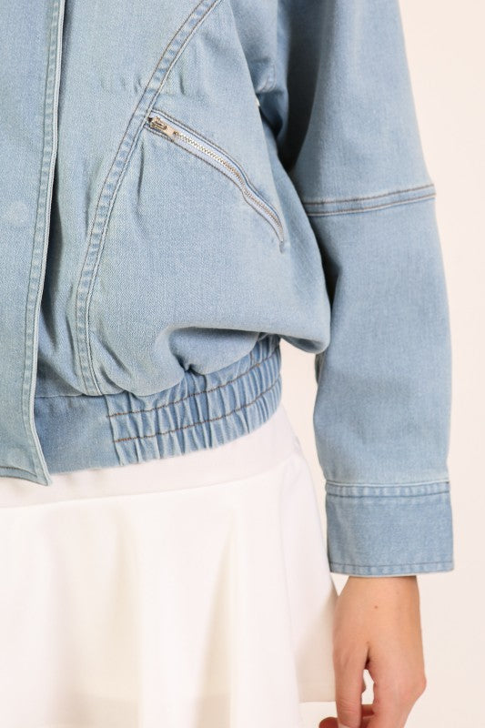 Long Sleeve Bomber Denim Jacket Light Wash