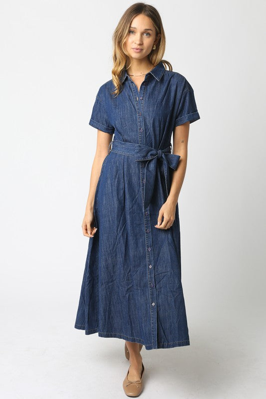 Short Sleeve Button Down Waist Tie Denim Midi Dress Dark Wash