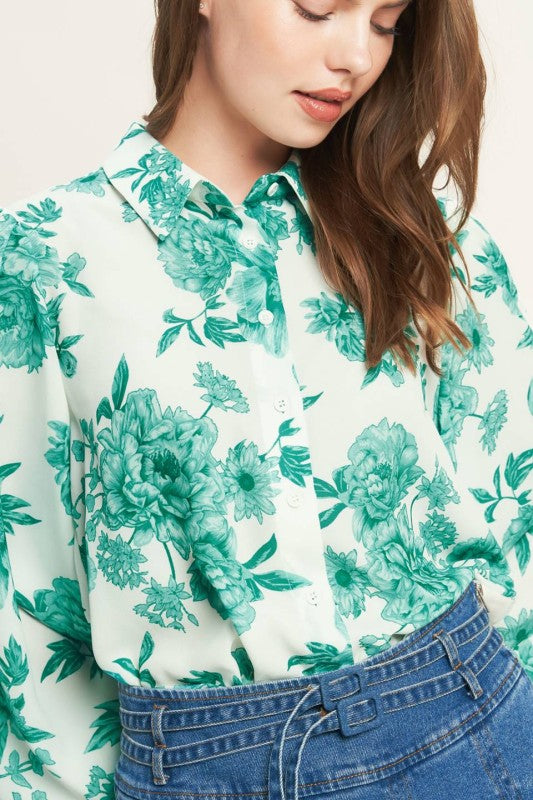 Long Sleeve Button Down Floral Print Top Ivory