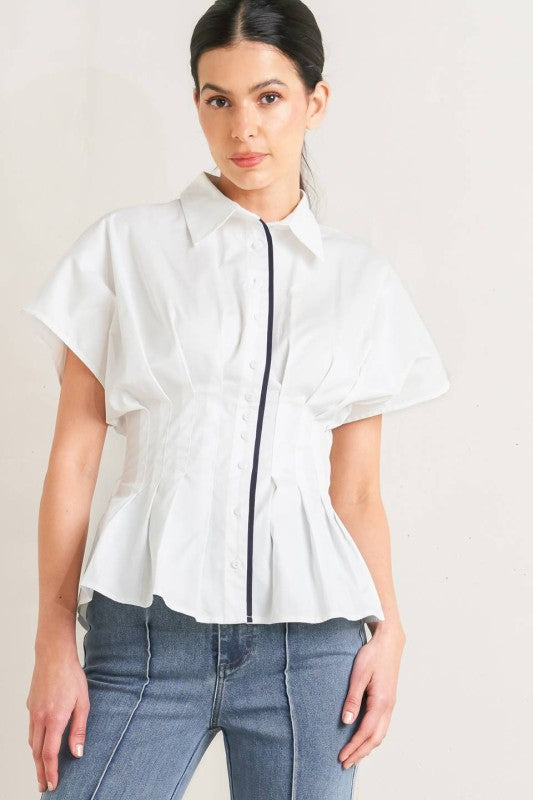 Short Dolman Sleeve Button Down Peplum Top White