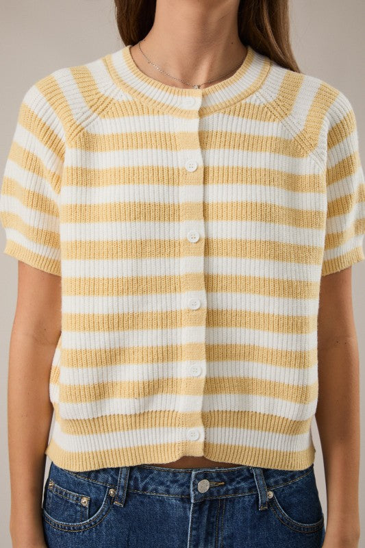 Short Sleeve Button Down Stripe Print Knit Top Yellow