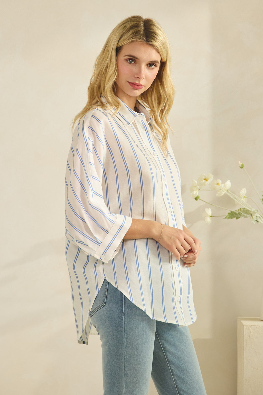 3/4 Sleeve Button Down Stripe Print Top White