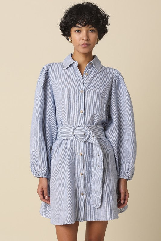  Long Sleeve Belted Stripe Print Linen Mini Dress Blue