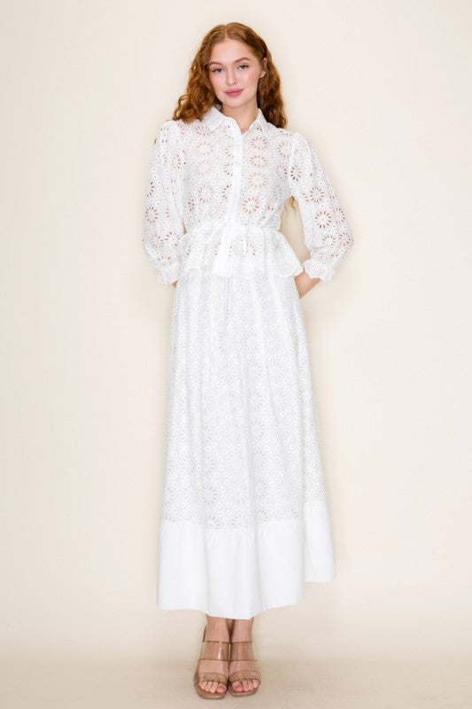 High Waist Eyelet Floral Midi Skirt White