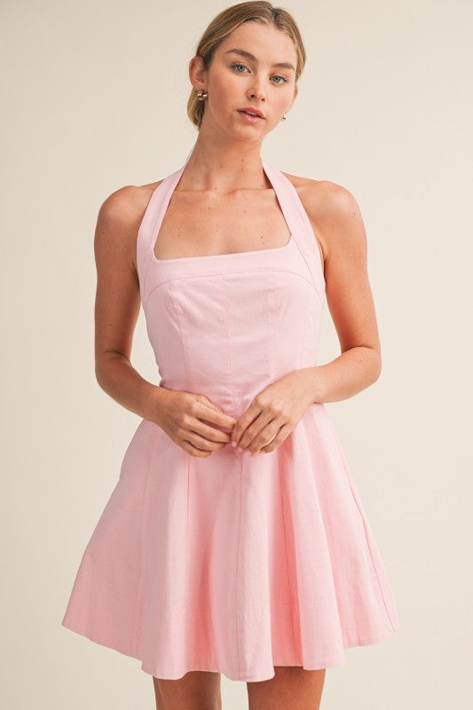  Sleeveless Halter Linen Mini Dress Pink