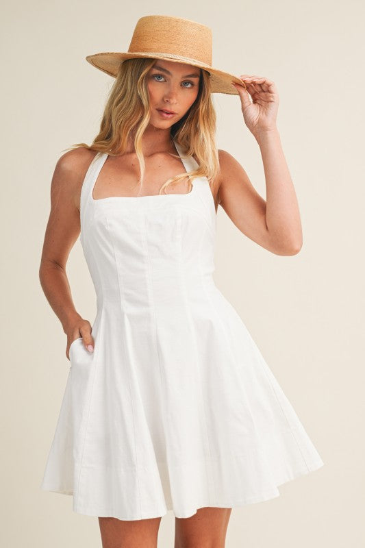 Sleeveless Halter Linen Mini Dress White