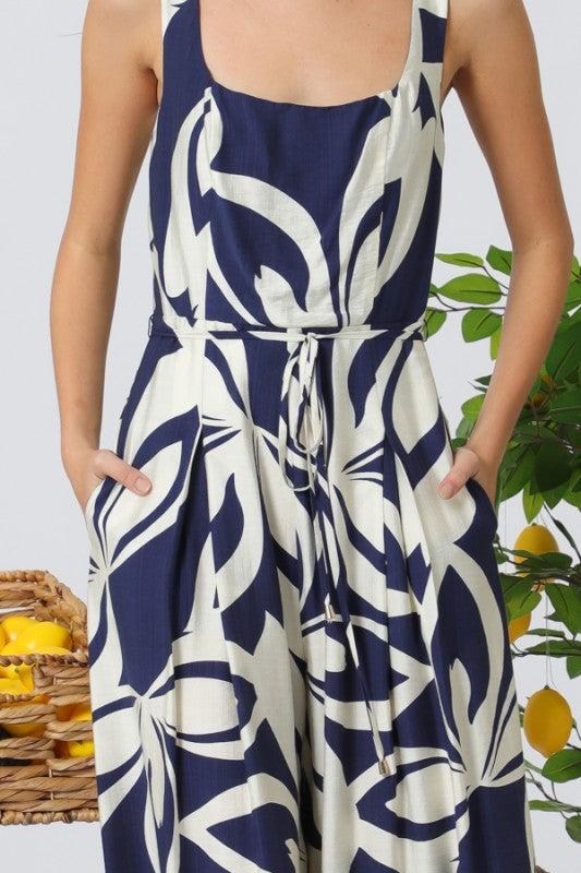 Sleeveless Waist Tie Abstract Print Wide Leg Jumpsuit Navy