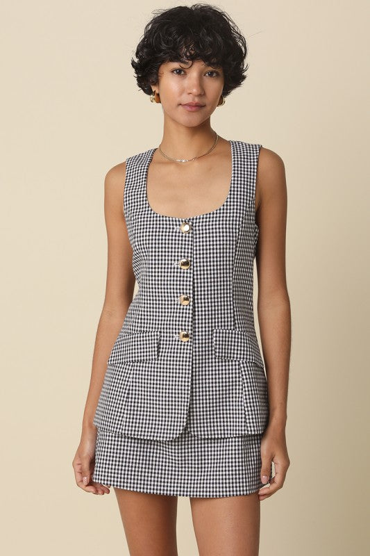 Sleeveless Button Down Gingham Print Mini Dress Black