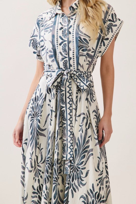 Short Sleeve Waist Tie Abstract Print Maxi Dress Blue