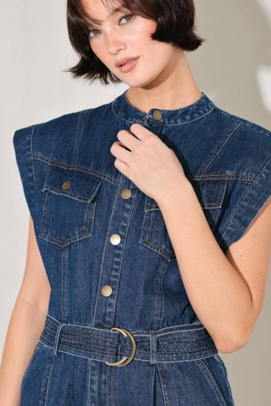 Short Sleeve Button Front Belted Wide Leg Denim Jumpsuit Dark Wash