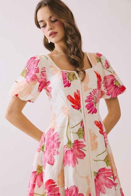 Short Bubble Sleeve Floral Print Mini Dress Pink