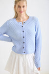 Long Sleeve Button Down Eyelet Knit Cardigan Blue