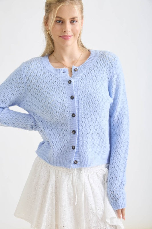 Long Sleeve Button Down Eyelet Knit Cardigan Blue