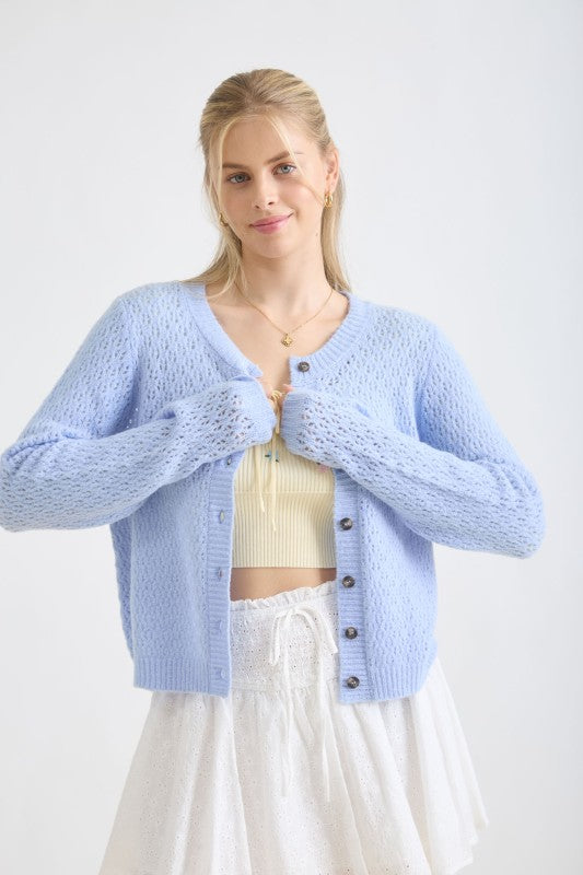 Long Sleeve Button Down Eyelet Knit Cardigan Blue