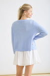 Long Sleeve Button Down Eyelet Knit Cardigan Blue