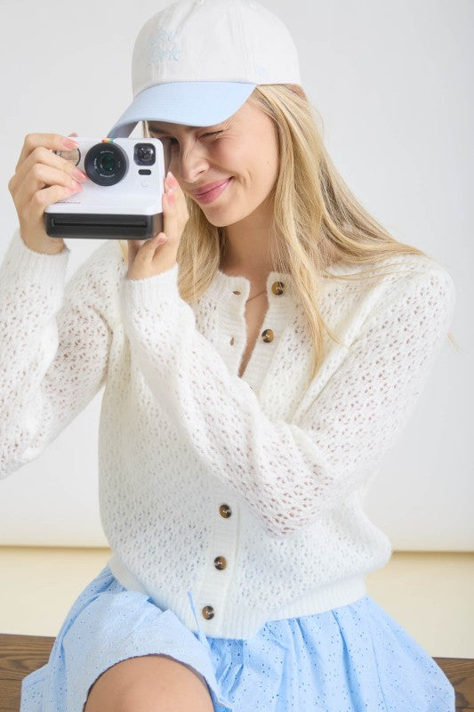Long Sleeve Button Down Eyelet Knit Cardigan Cream