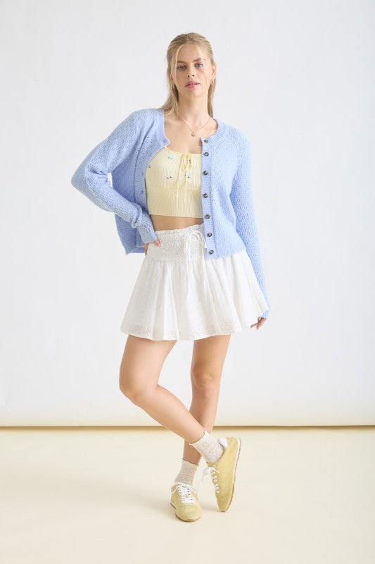 Long Sleeve Button Down Eyelet Knit Cardigan Blue