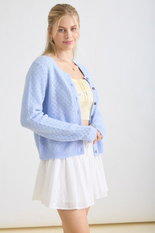 Long Sleeve Button Down Eyelet Knit Cardigan Blue