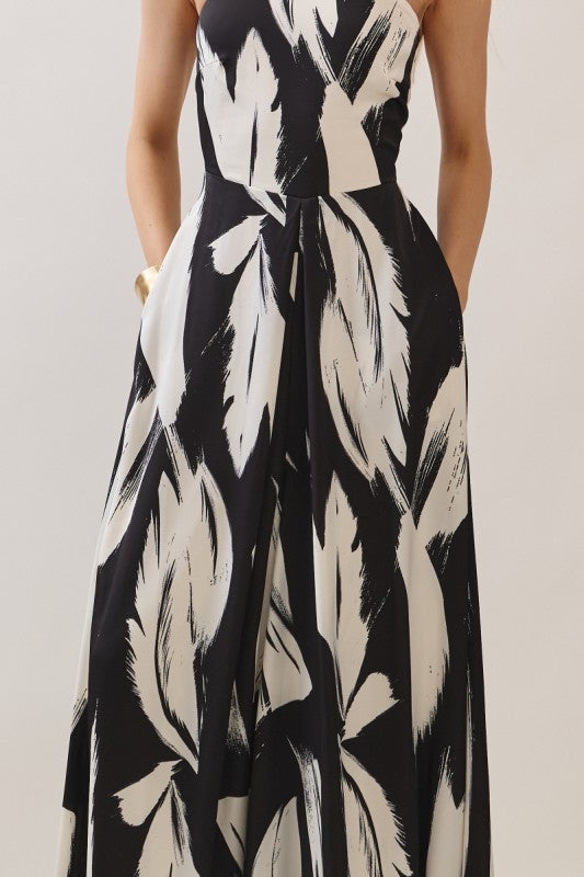 Sleeveless Back Tie Abstract Print Wide Leg Jumpsuit Black