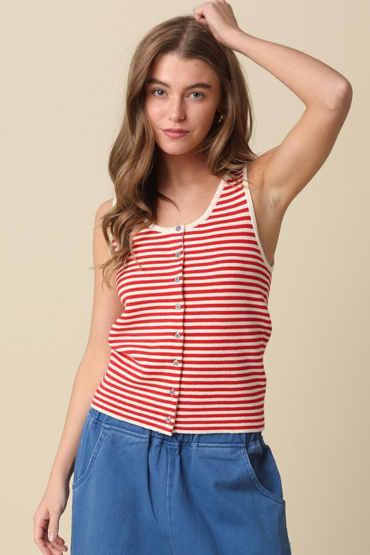 Sleeveless Button Down Stripe Print Knit Top Red