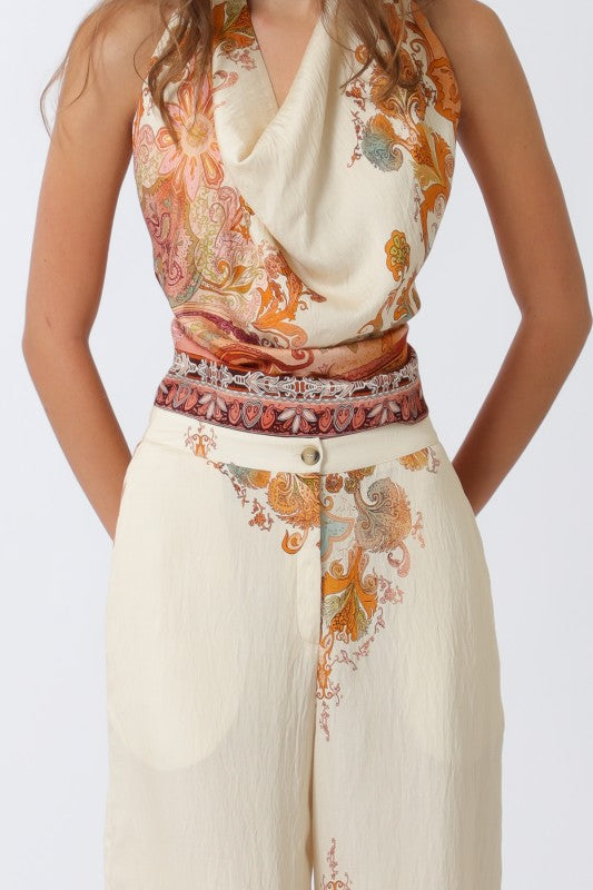 Sleeveless Halter Back Tie Top And Wide Leg Abstract Print Pants Set Natural