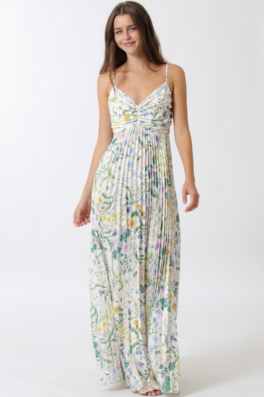 Waitlist 5/30 • Cambrie Sleeveless Pleated Floral Print Maxi Dress Green Large