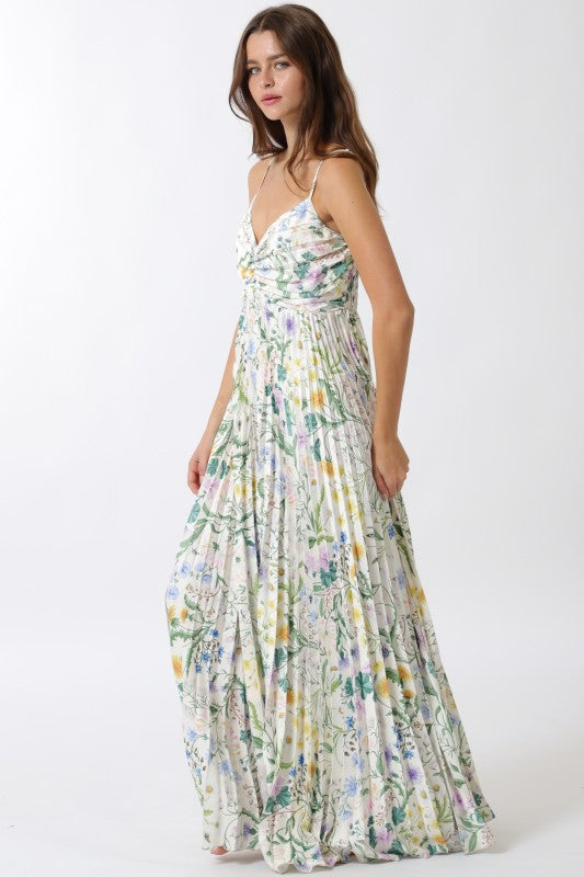 Waitlist 5/30 • Cambrie Sleeveless Pleated Floral Print Maxi Dress Green Large