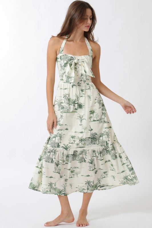 Denali Sleeveless Halter Tropical Print Midi Dress Green Medium