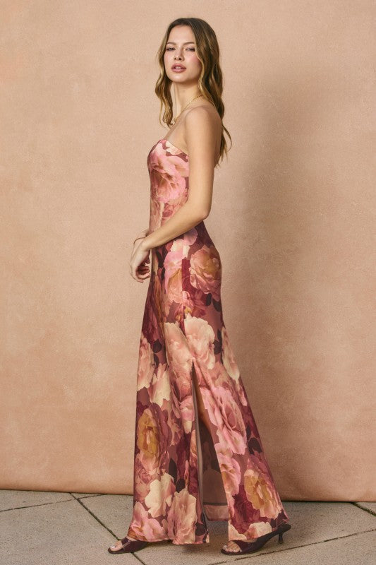 Aliyah Sleeveless Floral Print Maxi Dress Brown MEDIUM
