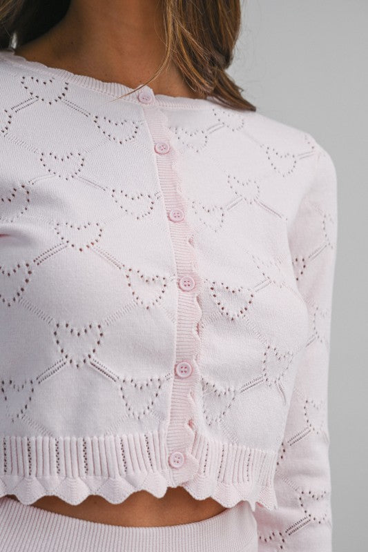 Long Sleeve Button Down Heart Pointelle Knit Cardigan Top And Tiered Mini Skirt Set Pink