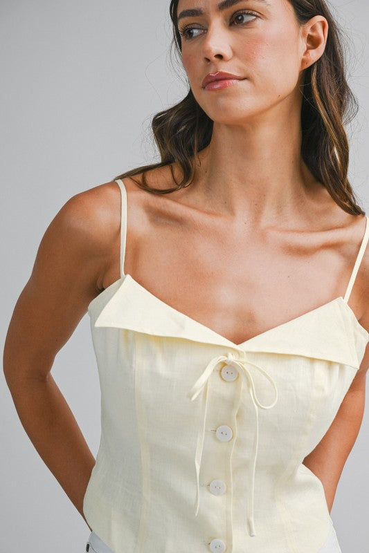 Sleeveless Button Front Linen Cami Top Yellow