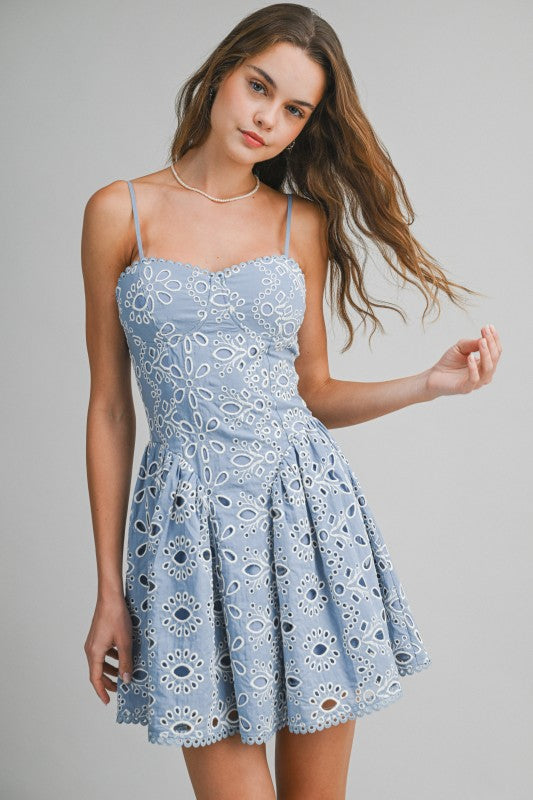 Waitlist 5/15 Alicia Sleeveless Embroidered Eyelet Mini Dress Blue MEDIUM Waitlist 5/15 Alicia Sleeveless Embroidered Eyelet Mini Dress Blue MEDIUM