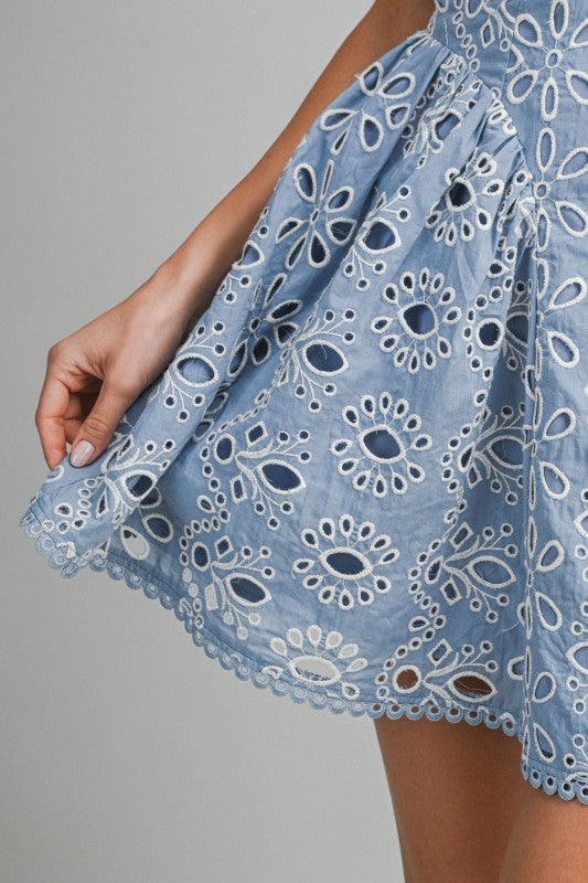 Waitlist 5/15 • Alicia Sleeveless Embroidered Eyelet Mini Dress Blue MEDIUM
