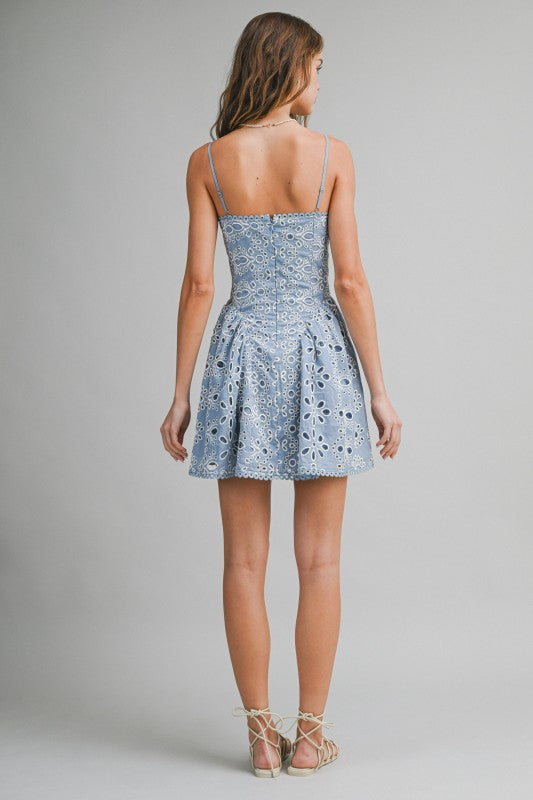 Alicia Sleeveless Embroidered Eyelet Mini Dress Blue MEDIUM