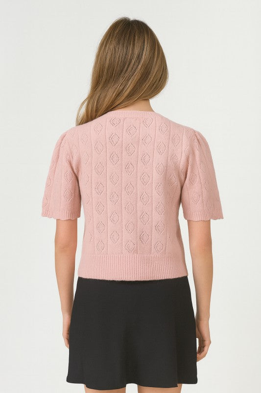 Short Sleeve Front Tie Pointelle Knit Top Pink