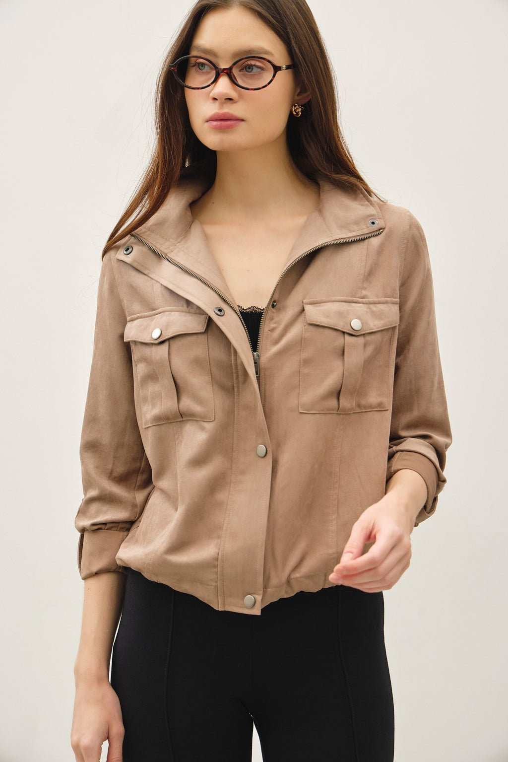 Long Sleeve Drawstring Utility Jacket Brown