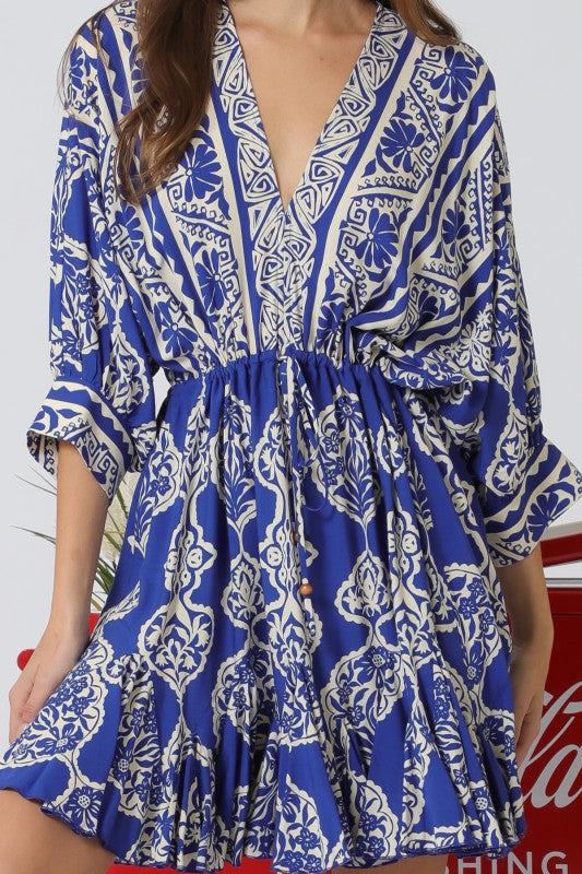 3/4 Dolman Sleeve Waist Tie Abstract Print Mini Dress Blue