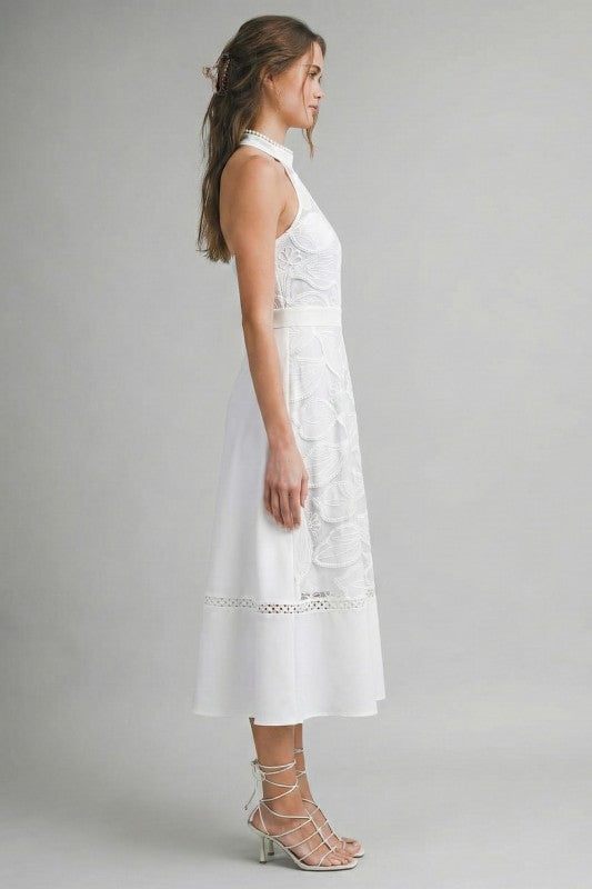 sleeveless keyhole tiered lace midi dress Billie Halter Floral Eyelet White SMALL Smart Casuals Mesh lining ensures comfort IVORY BUCK | cream Color:Brown Dress