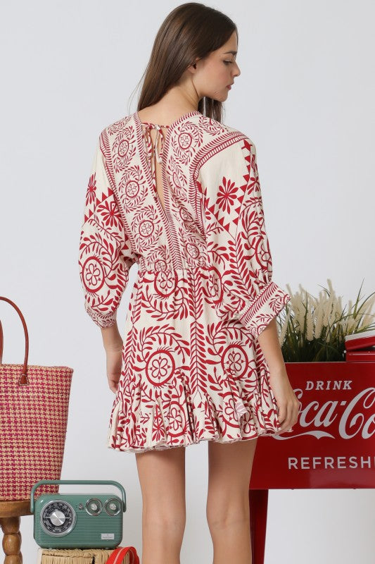 freya mini dress Freya 3/4 Dolman Sleeve Waist Tie Abstract Print Mini Dress Ivory – Miss  Match Group Inc