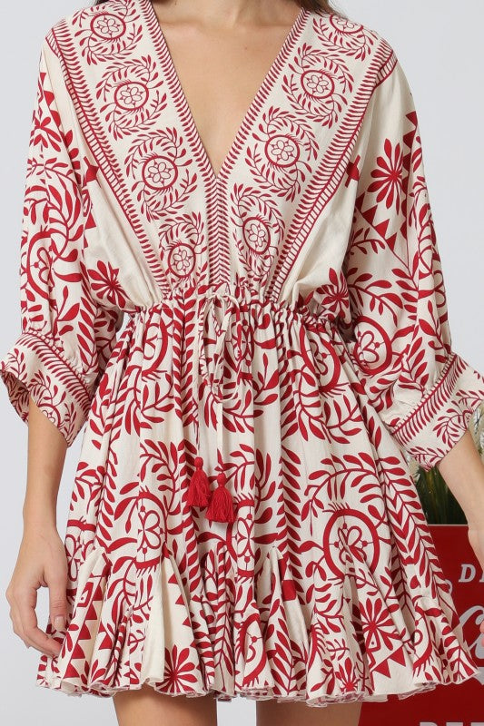 3/4 Dolman Sleeve Waist Tie Abstract Print Mini Dress Ivory