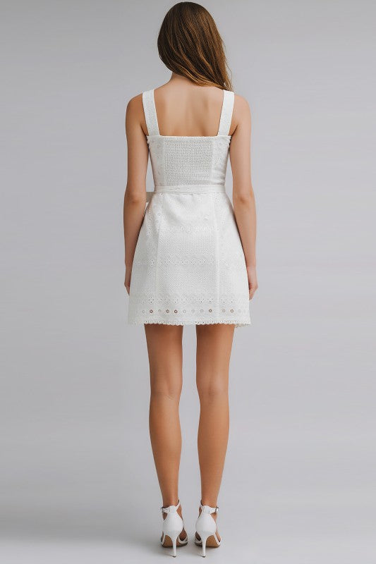 Blaire Sleeveless Embroidered Eyelet Wrap Mini Dress White Small Blaire Sleeveless Embroidered Eyelet Wrap Mini Dress White Small