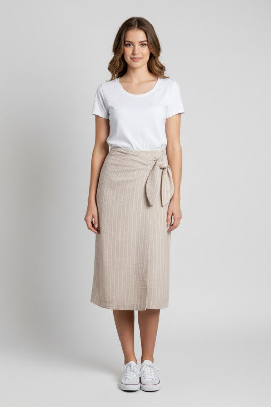 High Waist Stripe Print Wrap Midi Skirt Taupe