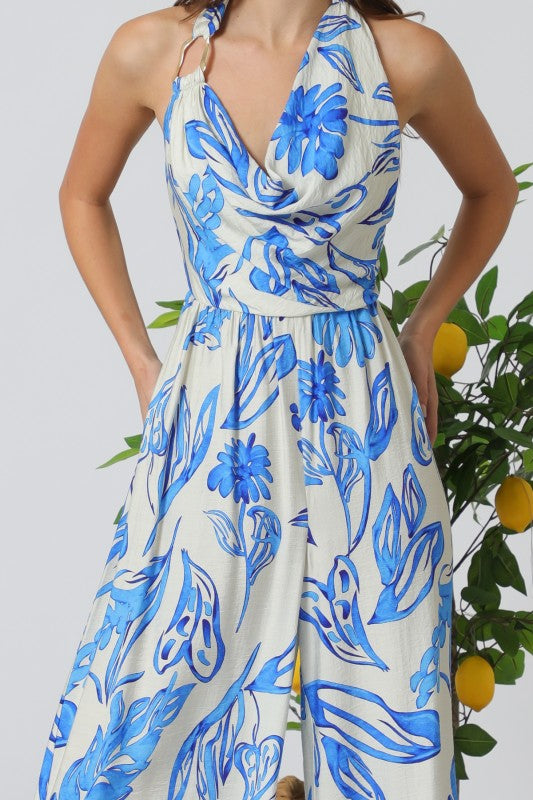 Sleeveless Halter Back Tie Floral Print Wide Leg Jumpsuit Blue Ivory