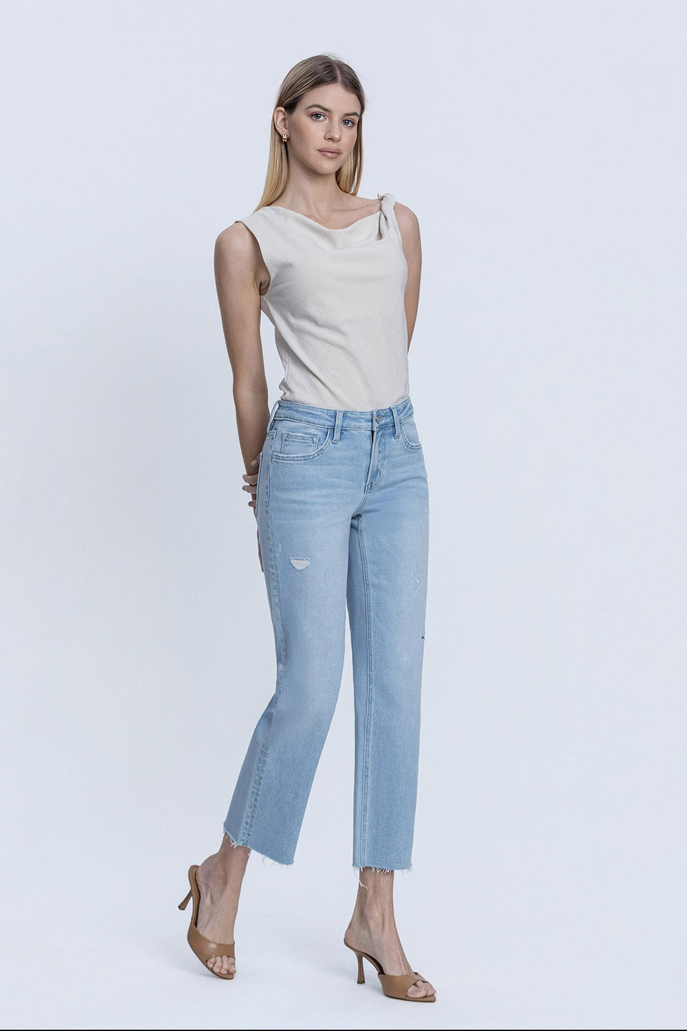 Mid Rise Raw Hem Wide Leg Jeans Light Wash