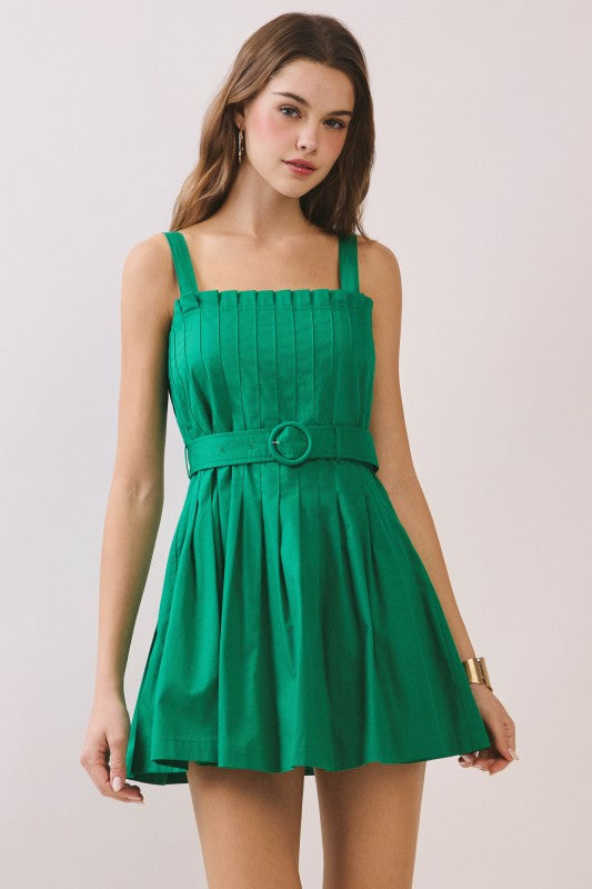 Sleeveless Belted Pleated Mini Dress Green