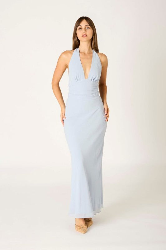 Sleeveless Halter Open Back Maxi Dress Blue