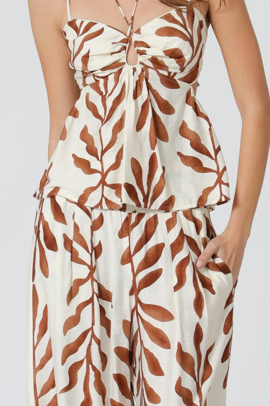 Sleeveless Halter Tie Top And Wide Leg Pants Set Ivory