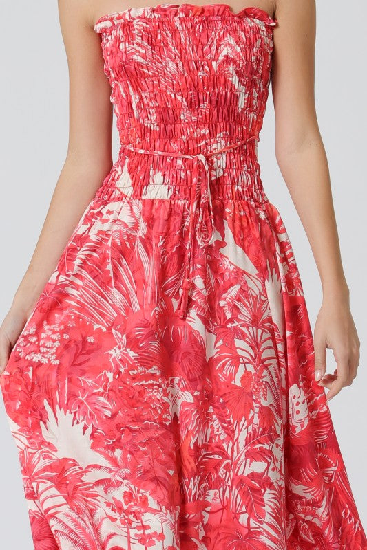 Sleeveless Tropical Print Maxi Dress Red