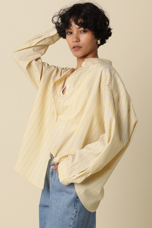 Long Sleeve Button Down Stripe Print Top Yellow